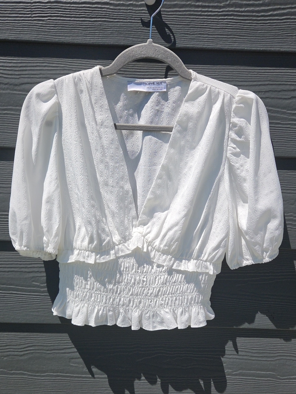 Sophie Rue White V-Neck Puff Sleeve Smocked Waist Blouse